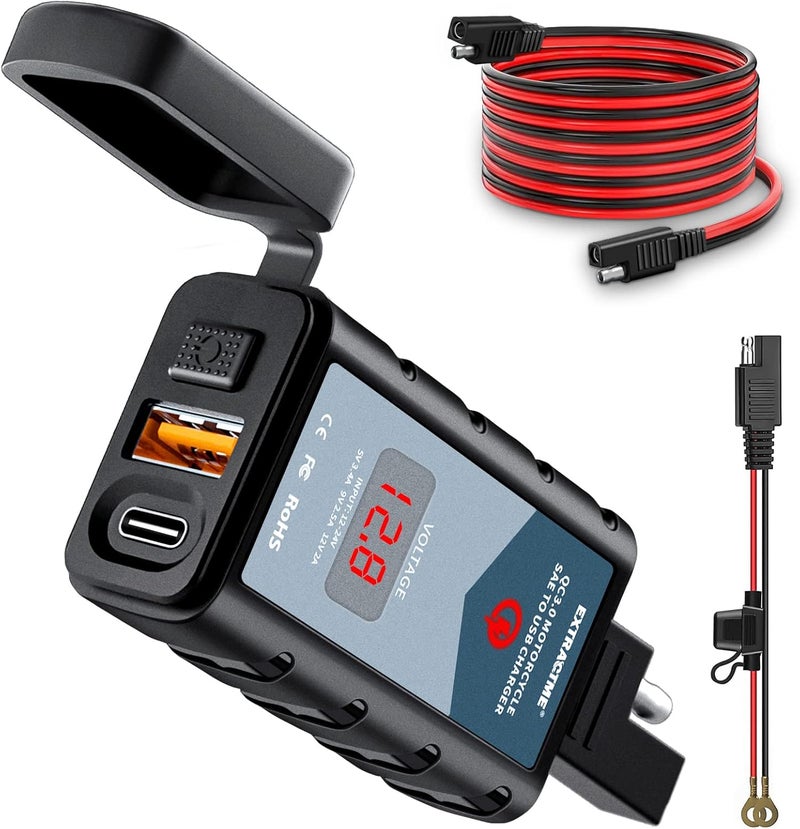 EXTRACTME 6.4A Motorcycle USB Charger, Total 44W Dual USB Type C PD & Quick Charge 3.0 Motorcycle Phone Charger with Voltmeter & ON/Off Switch, Waterproof Motorcycle Accessories SAE to USB Adapter - Image 1
